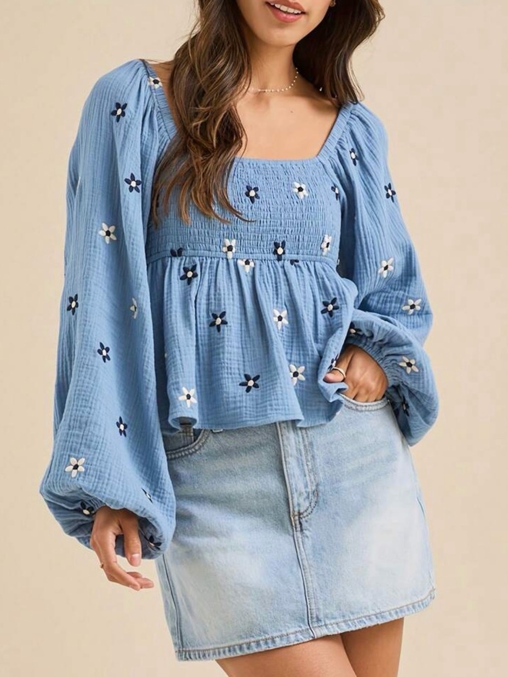 Blue Embroidered Peasant Top - Brand